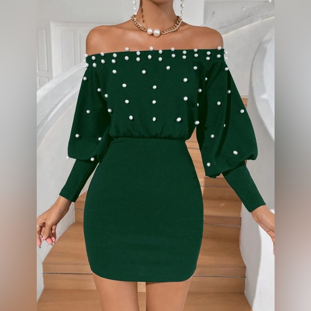 Women’s pearls beaded off-shoulder lantern sleeve bodycon dress